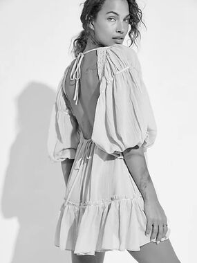 Free People Cora Puff Sleeve Button Tunic Mini Dress ivory white women's small S